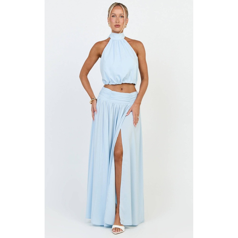 Showpo Melanie Maxi Skirt Pale Blue Gathered Yoke High Slit Size US 2 NEW